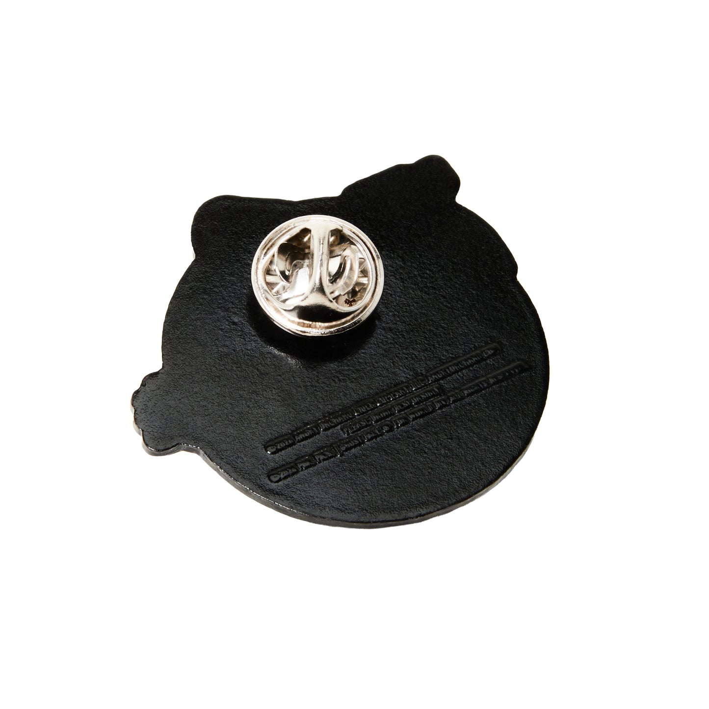 A black pinback featuring a silver metal pin clasp on top and embossed line details, shown against a plain white background.