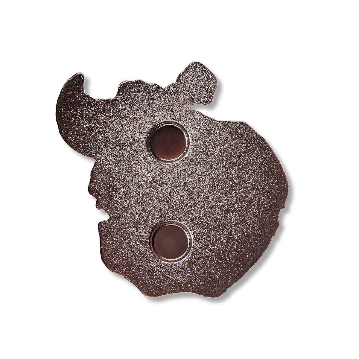 A textured, metallic bronze pin with two circular cutouts, shown on a solid white background.