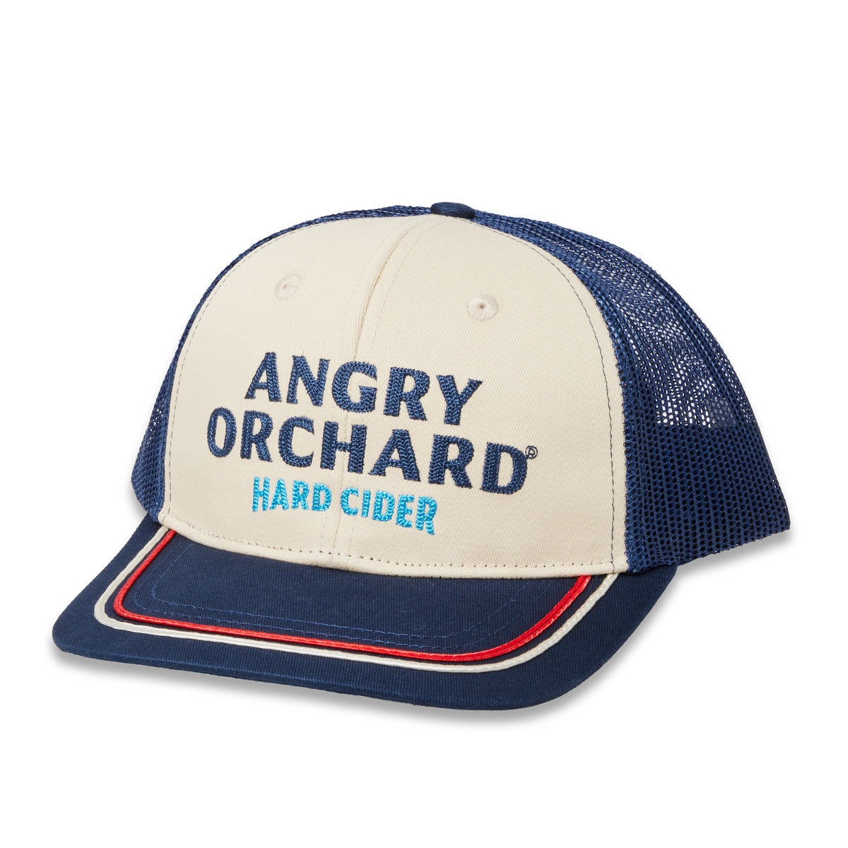 A navy blue and cream trucker hat with 'ANGRY ORCHARD HARD CIDER' embroidered on the front. The hat features a cream front panel, navy blue mesh back, and a navy blue flat brim with red and white stripe accents.
