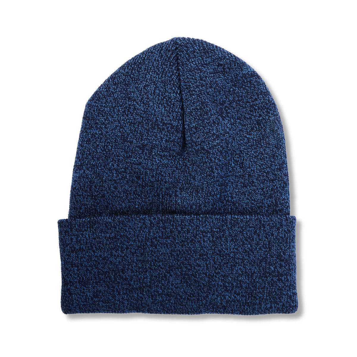A dark blue heathered knit beanie hat with a folded cuff, shown against a plain white background.