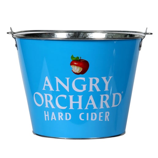This bucket is blue on the outside and silver on the inside. The outside of the bucket has a small image of the iconic Angry Orchard bitten apple, and below it "Angry Orchard Hard Cider" is written.