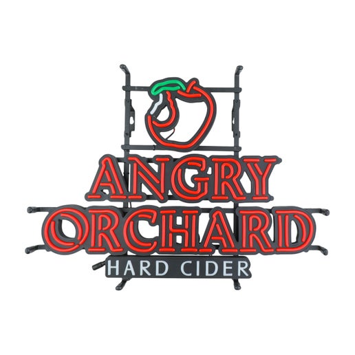 This LED sign features a red apple up top, under it in red is "Angry Orchard" and under that is "Hard Cider" in white. Hardware is black.