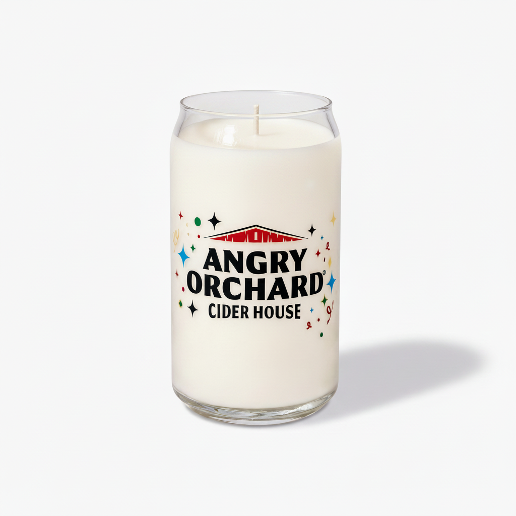 A white wax candle shaped like a clear glass beverage can, featuring the 'Angry Orchard Cider House' logo printed on the front, set against a plain white background.