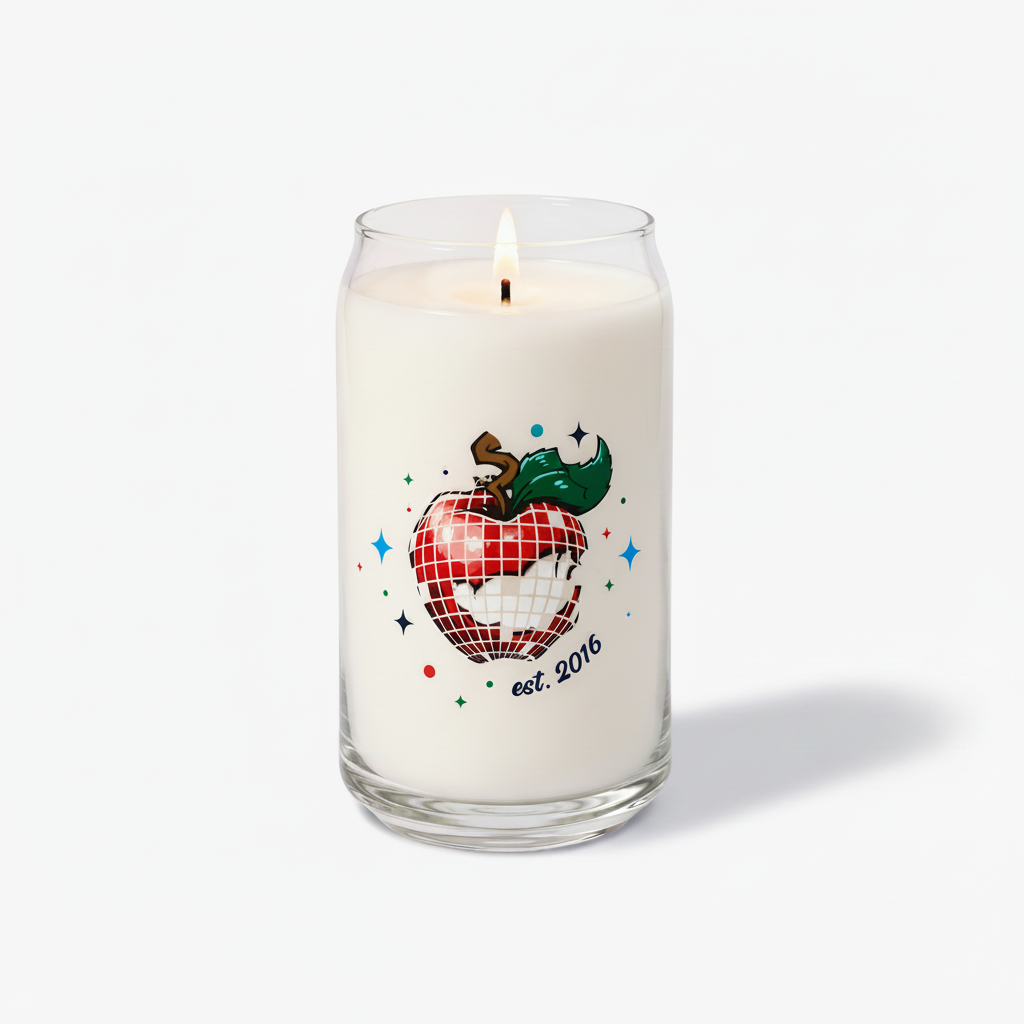 A white wax candle in a clear glass jar with a lit wick, featuring a graphic of a red-and-white checkered apple with a green leaf and the text 'est. 2016' on the front, photographed on a clean white background.