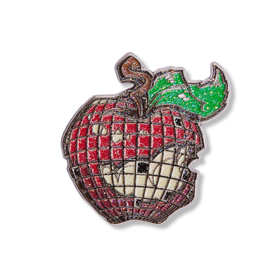 A mosaic-style apple pin or charm with a silver-toned grid pattern, featuring red and white sections, a green leaf, and a brown stem, shown on a plain white background.