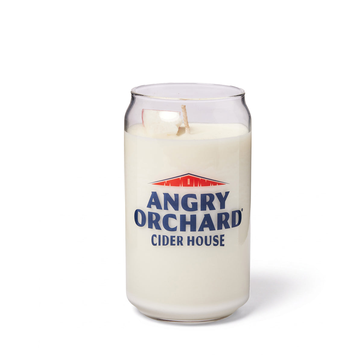 A novelty candle shaped like a clear glass cider can shape, filled with off-white wax and featuring the Angry Orchard Cider House logo on the front, set against a plain white background.