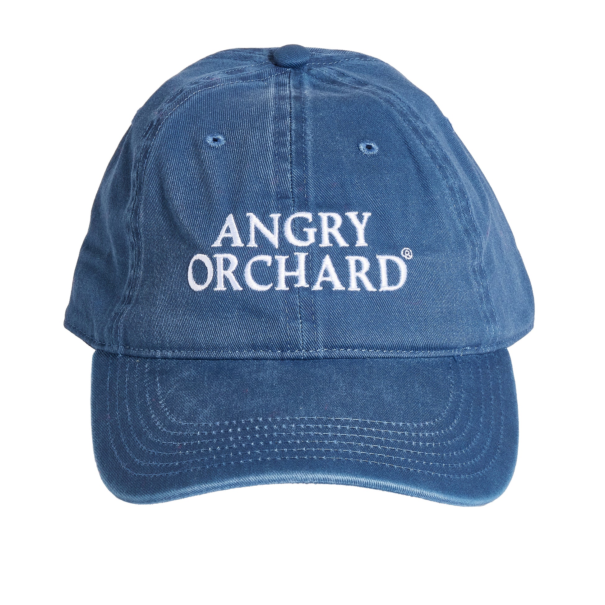 Front view of the Angry Orchard Navy Richardson Dad Hat with crisp white embroidered “ANGRY ORCHARD” text centered on the crown. The cap has a curved brim, six‑panel construction, and a classic relaxed dad‑hat silhouette in navy cotton.