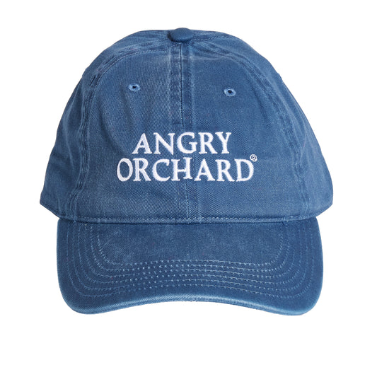 Front view of the Angry Orchard Navy Richardson Dad Hat with crisp white embroidered “ANGRY ORCHARD” text centered on the crown. The cap has a curved brim, six‑panel construction, and a classic relaxed dad‑hat silhouette in navy cotton.