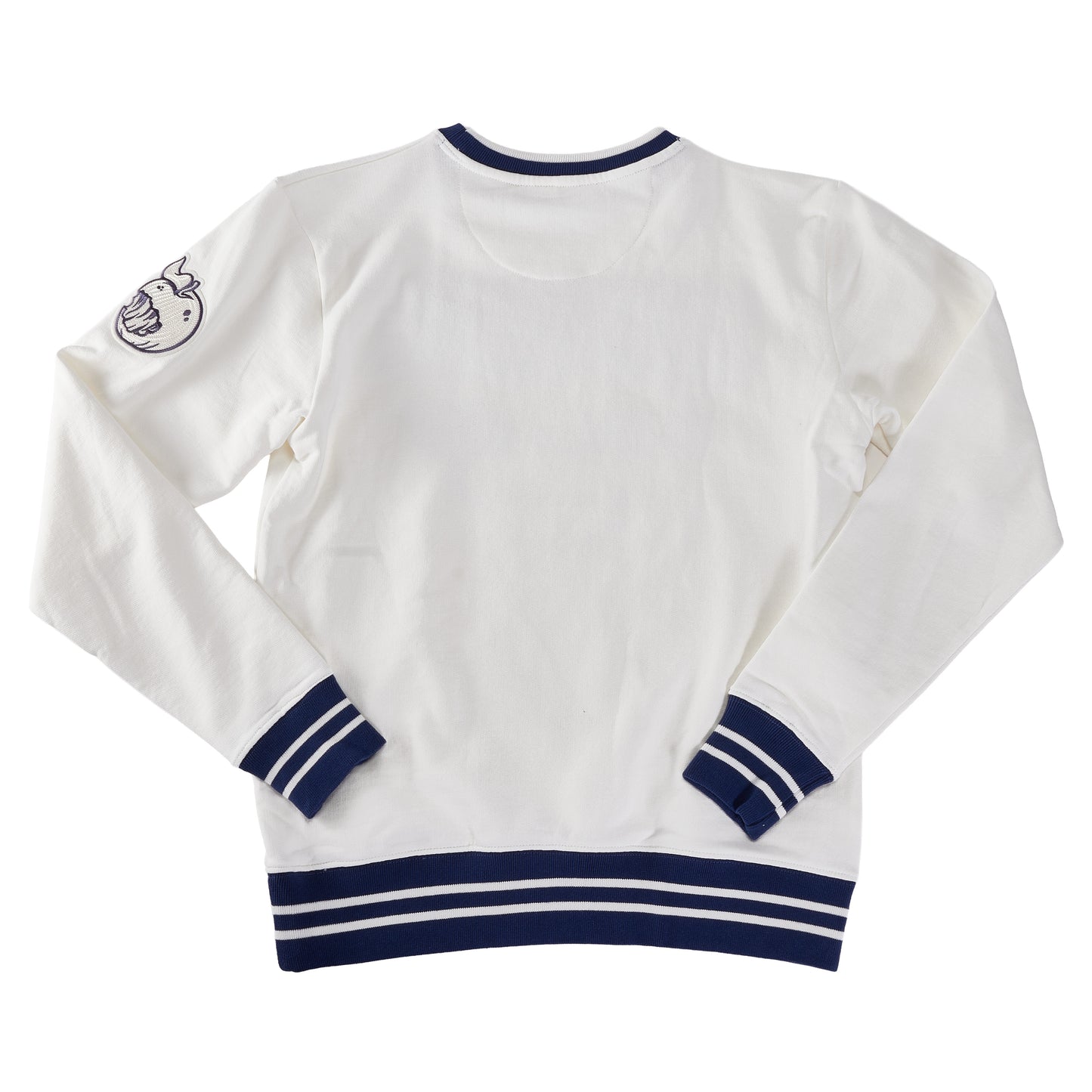 Back of the Angry Orchard White Walden Crew Sweatshirt—clean white knit with navy striped ribbed cuffs and hem; sleeve features a small embroidered Angry Orchard apple logo patch for branded detail.