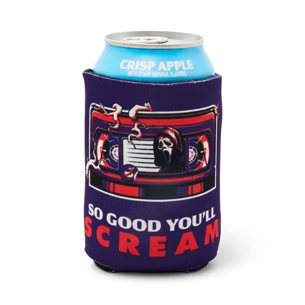 A dark purple can cooler sleeve holding a light blue can with a graphic of a cassette tape and the text 'SO GOOD YOU'LL SCREAM'.