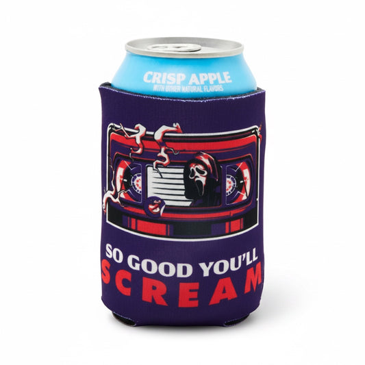 A dark purple can cooler sleeve holding a light blue can with a graphic of a cassette tape and the text 'SO GOOD YOU'LL SCREAM'.