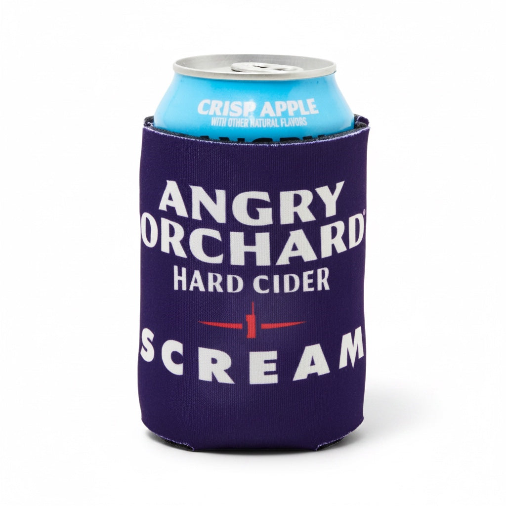 A dark purple neoprene can cooler sleeve featuring the white and red Angry Orchard Hard Cider logo, holding a light blue can with a silver lid.