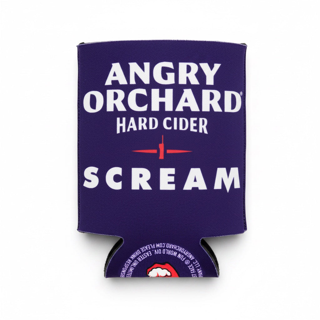 A dark purple neoprene can cooler sleeve featuring the 'Angry Orchard Hard Cider Scream' logo in white and red, shown on a plain white background.