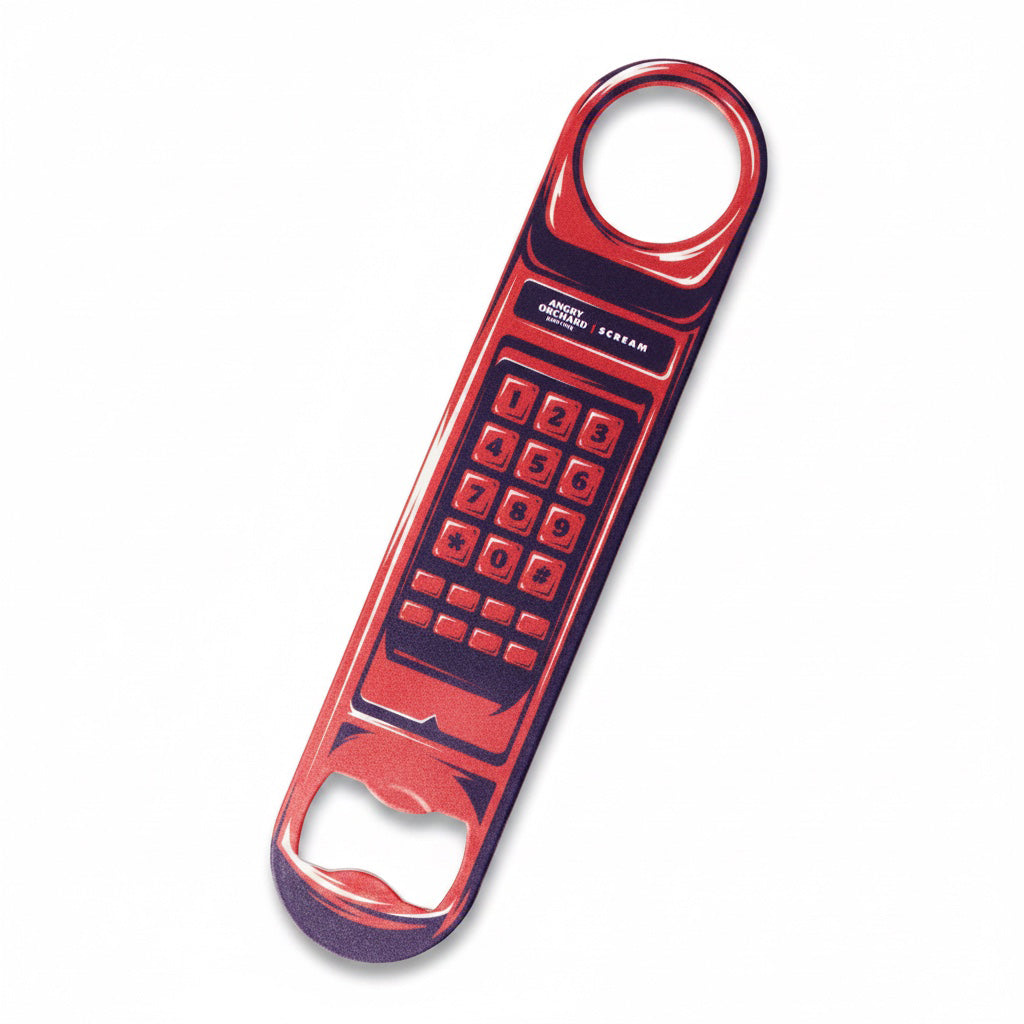 A novelty bottle opener designed to look like a red and black calculator, featuring a built-in ring at the top and a bottle-opening cutout at the bottom, shown on a plain white background.