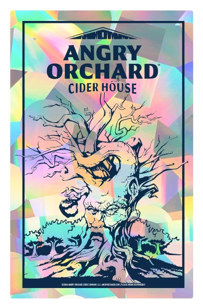A colorful graphic sticker for Angry Orchard Cider House, featuring a stylized illustrated tree set against an iridescent pastel rainbow background with a dark border and the venue name in large text.
