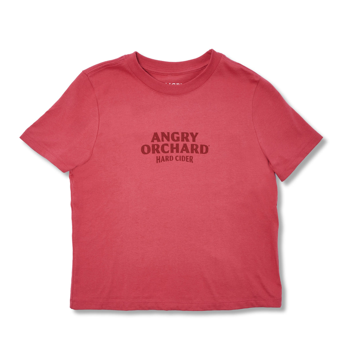 Red women's tee shirt with a dark red logo on the front chest that says ANGRY ORCHARD HARD CIDER on a white background.