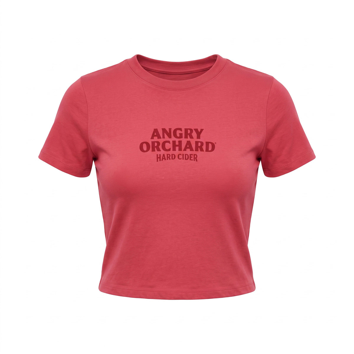 Red women's tee shirt with a dark red logo on the front chest that says ANGRY ORCHARD HARD CIDER on a white background.