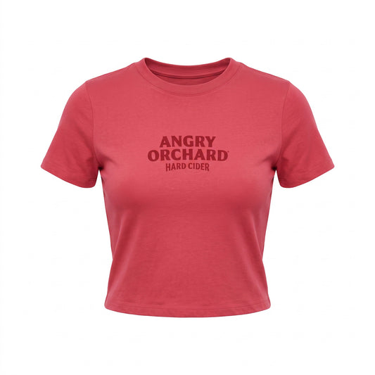 Red women's tee shirt with a dark red logo on the front chest that says ANGRY ORCHARD HARD CIDER on a white background.