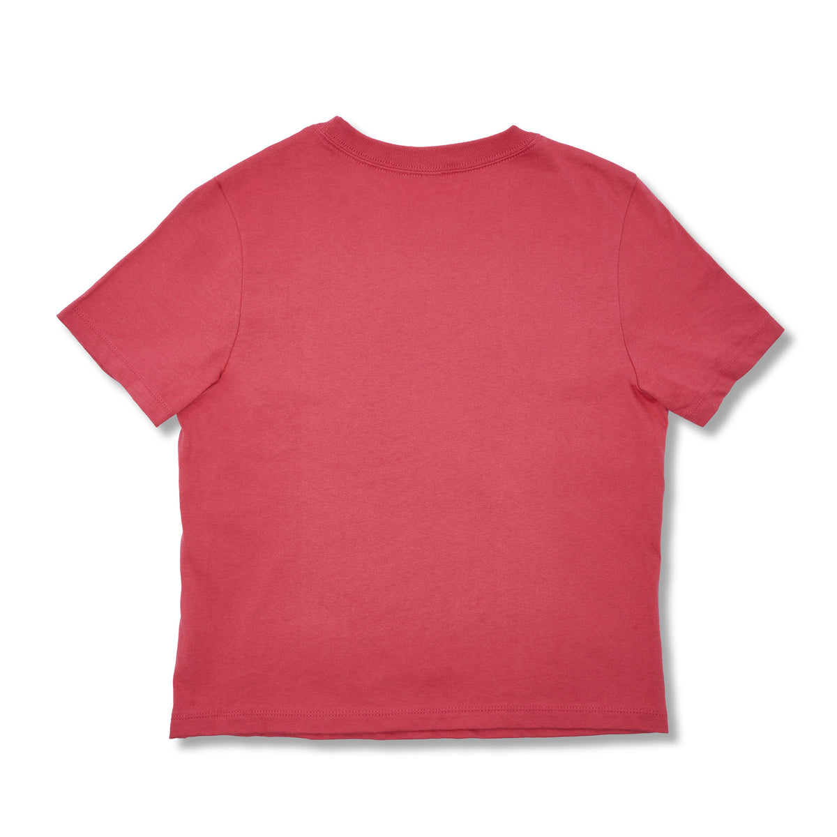 Back of Red women's tee shirt with a dark red logo on the front chest that says ANGRY ORCHARD HARD CIDER on a white background.