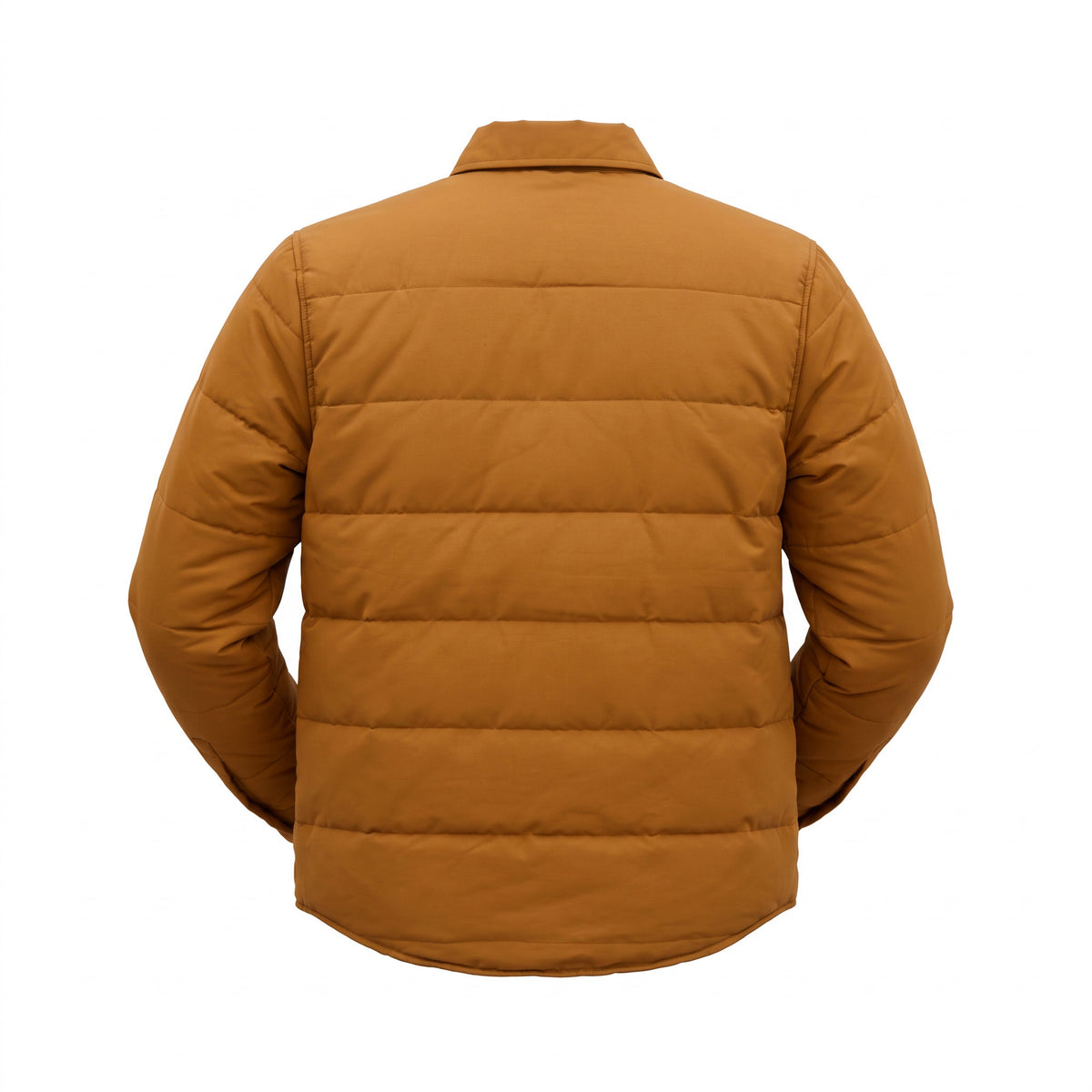 Brown button up jacket on white background text 