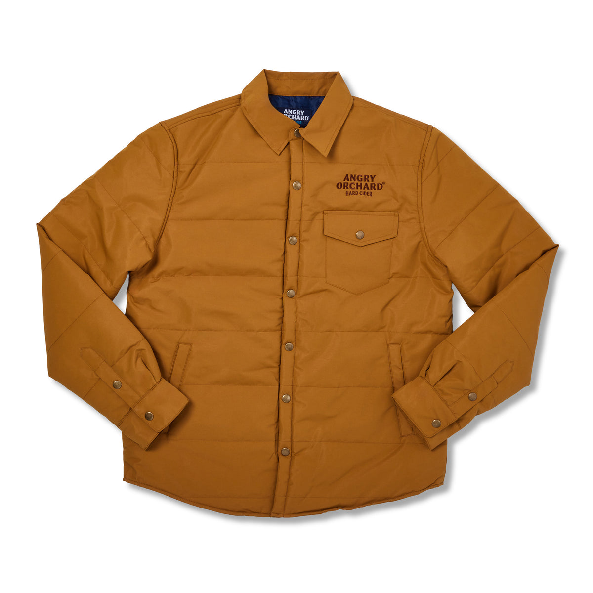 Brown button up jacket on white background text on left chest says 'angry orchard hard cider'