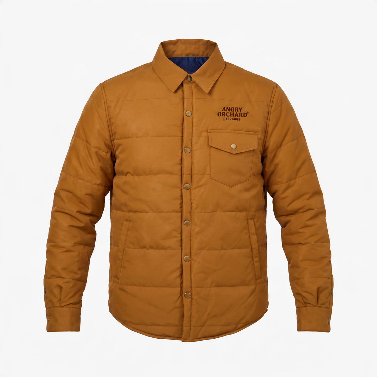 Brown button up jacket on white background text on left chest says 'angry orchard hard cider'
