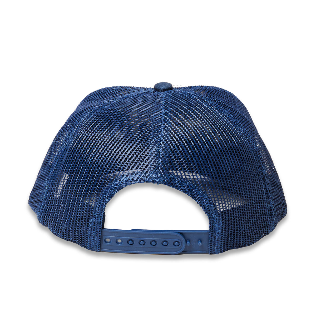 A blue trucker-style baseball cap viewed from the back, featuring a dark blue mesh back and a matching blue plastic snap closure.
