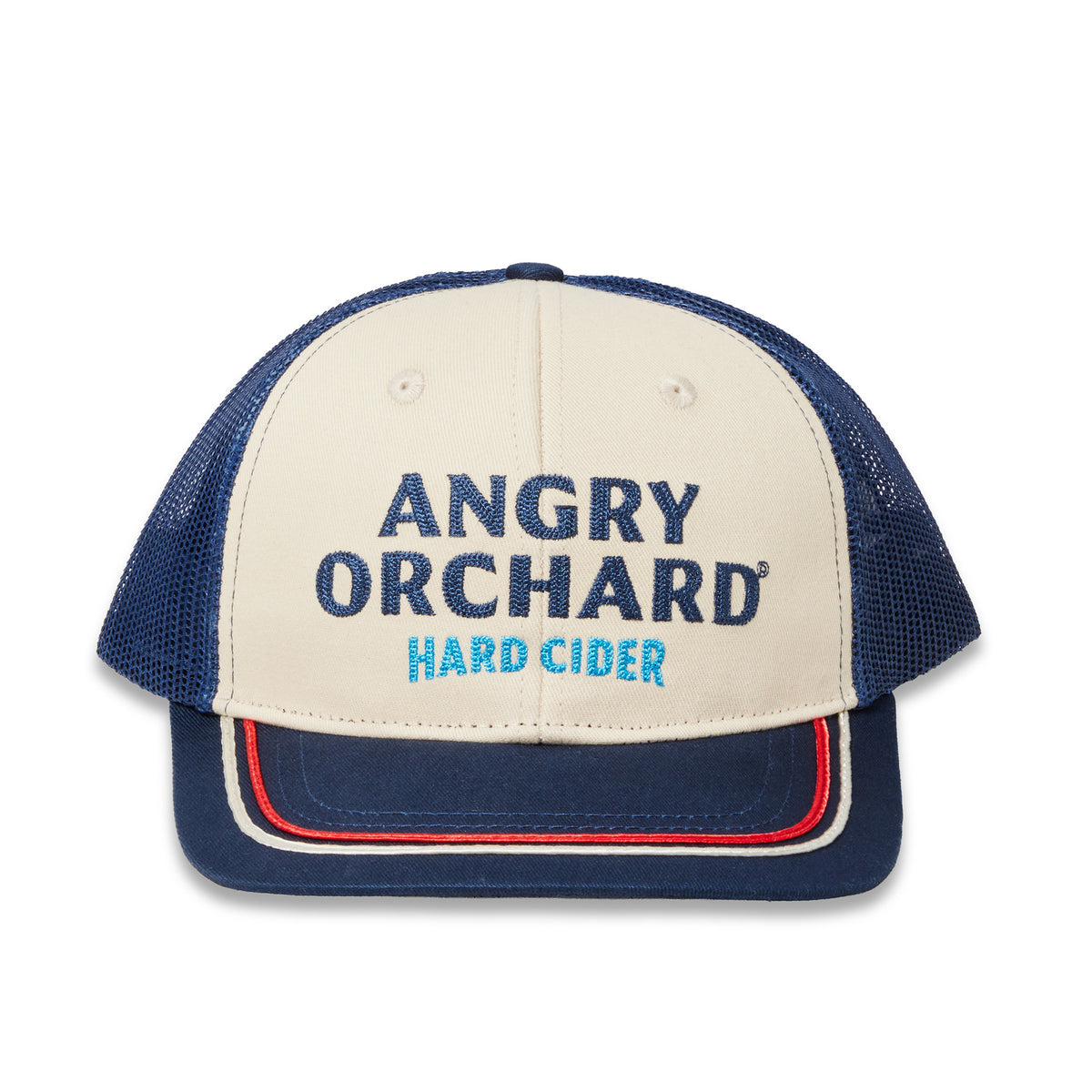 A trucker-style baseball cap with a cream front panel and navy blue mesh back, featuring 'ANGRY ORCHARD HARD CIDER' embroidered on the front. The cap has a navy blue visor with red and white stripes along the edge.