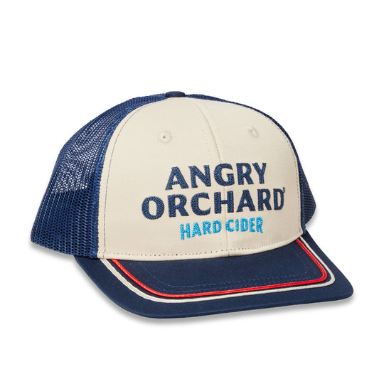 A navy blue and cream trucker hat with 'ANGRY ORCHARD HARD CIDER' printed on the front panel, featuring navy mesh back panels and a navy visor with red and cream stitching.