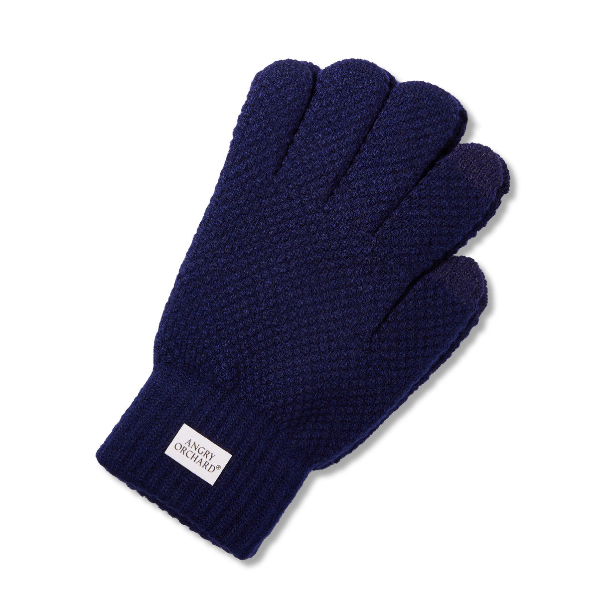 A single navy blue knit glove with a white brand label on the cuff, photographed on a clean white background.