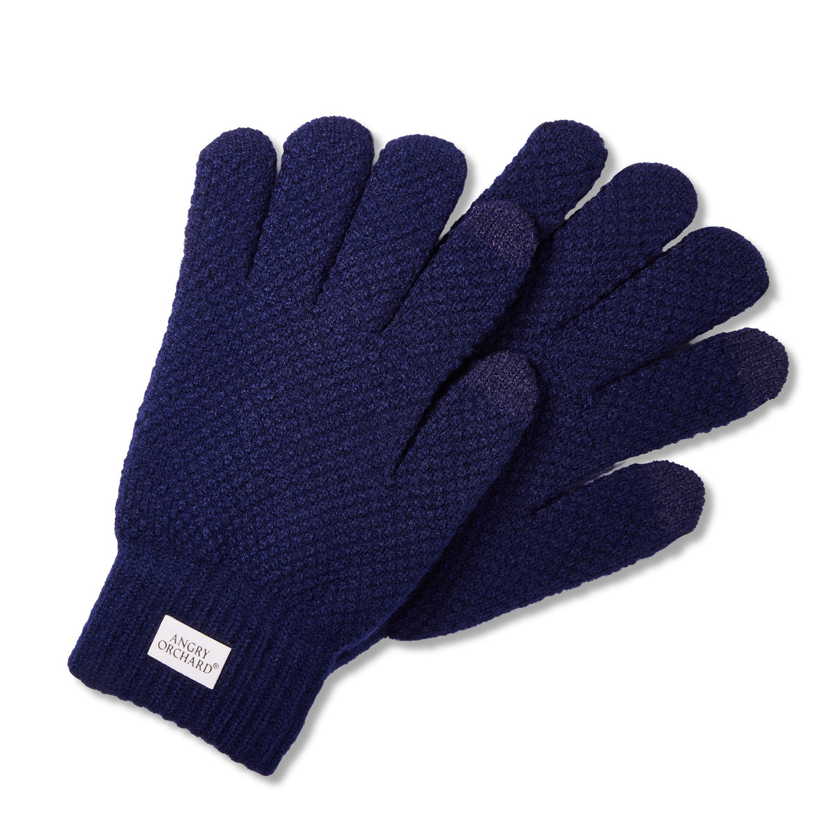 A pair of dark navy blue knit gloves with a textured pattern, featuring a white brand label on the cuff, set against a plain white background.