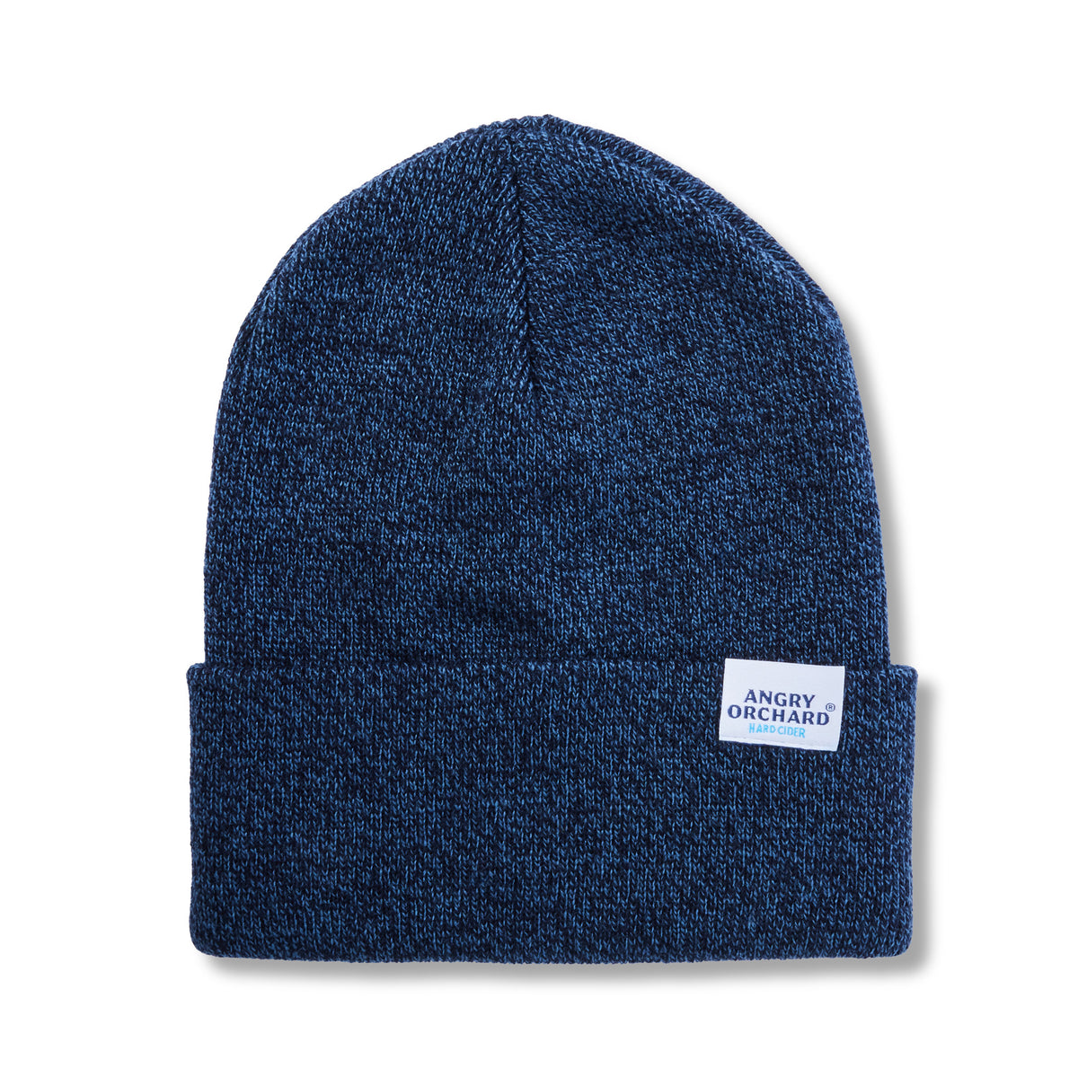 A navy blue heather knit beanie hat with a folded cuff, featuring a small white 'ANGRY ORCHID' brand patch on the side, set against a plain white background.