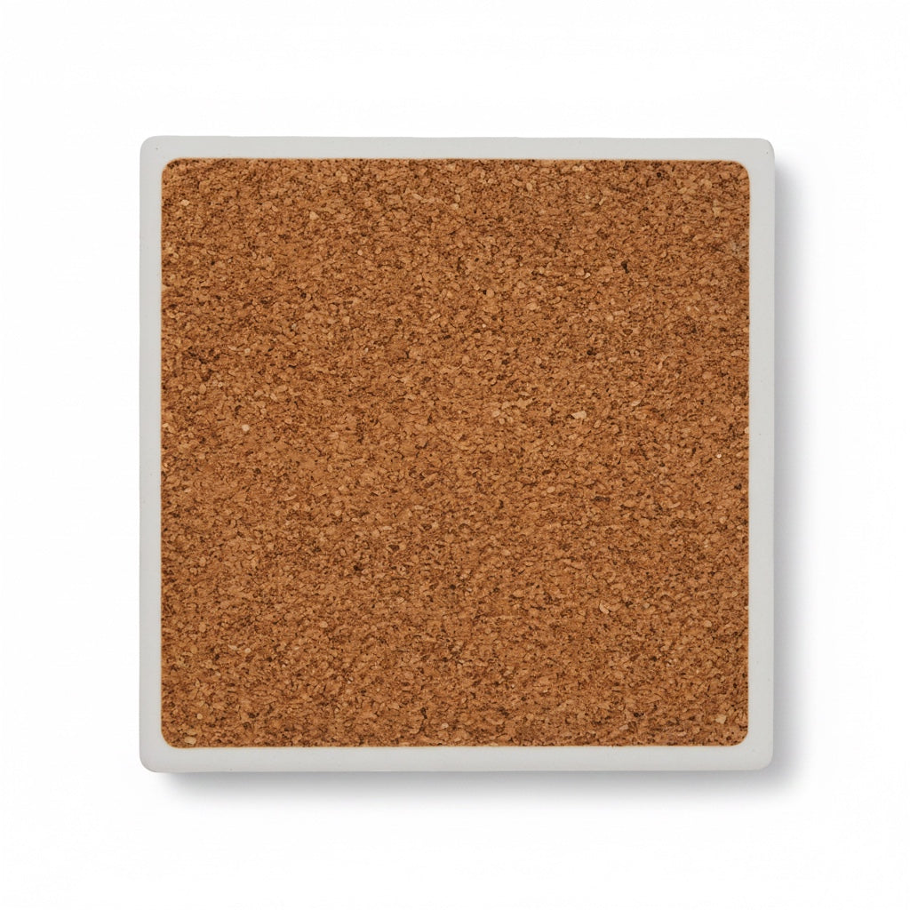 A square cork backing with a white border, shown from a top-down view on a white background.