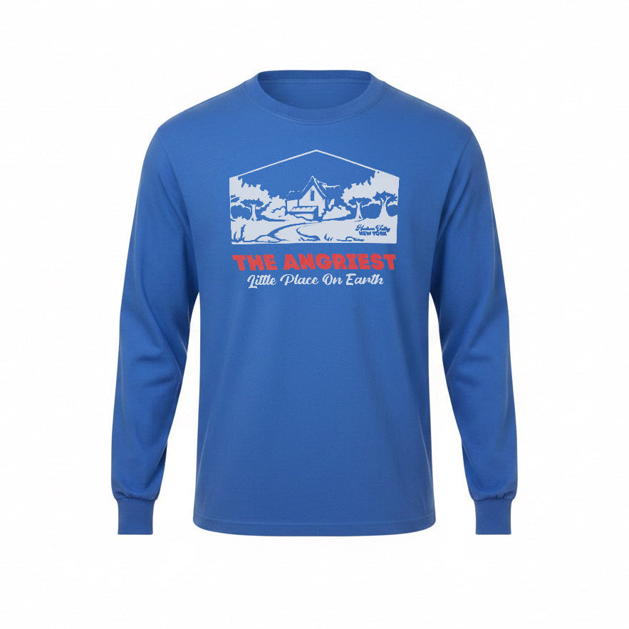 A blue long-sleeve t-shirt with a white graphic of a barn under a mountain and red text reading 'THE ANGRYEST Little Place On Earth' on the front, displayed on a solid white background.