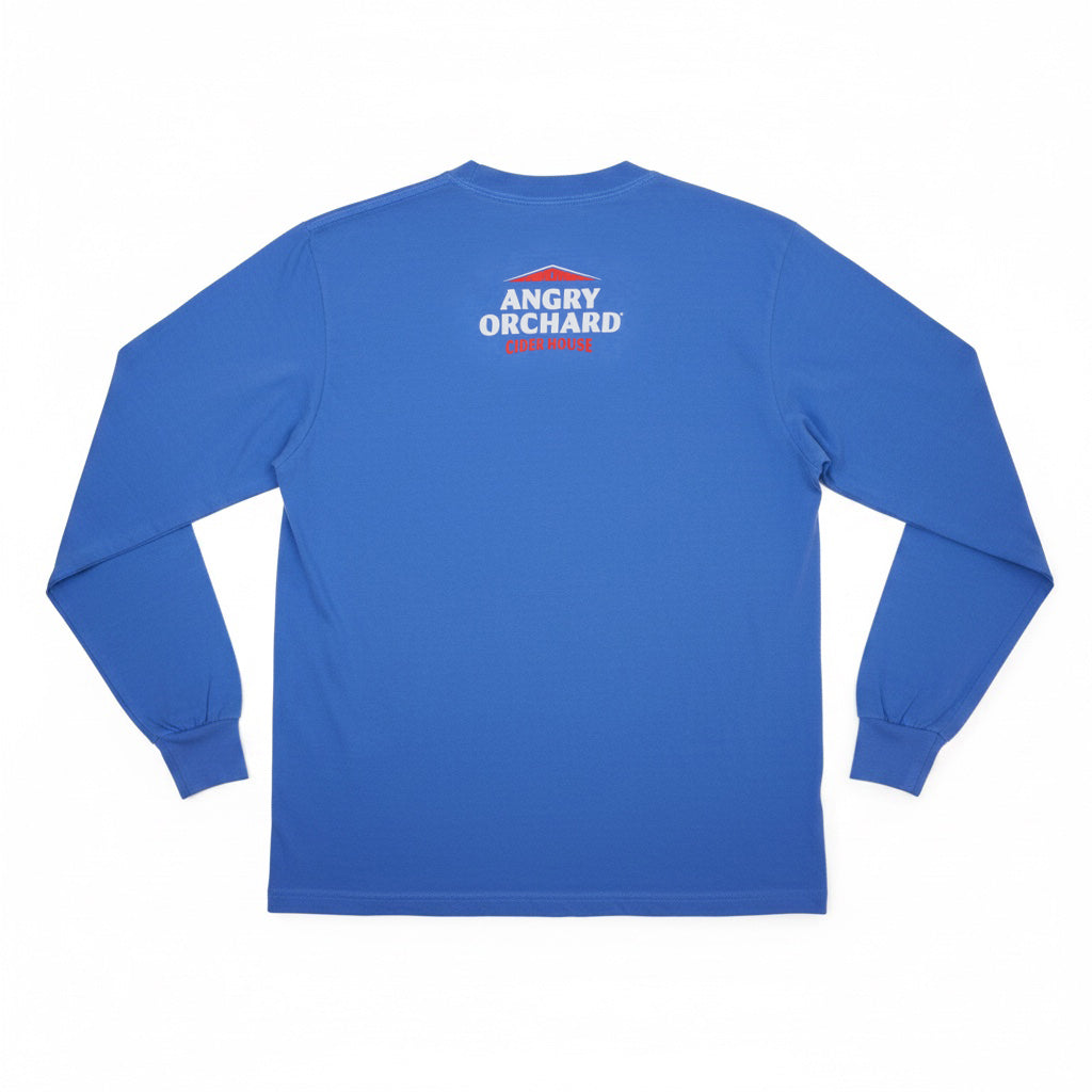 A royal blue long-sleeve t-shirt shown from the back, featuring a small graphic print on the upper back with the text 'ANGRY ORCHARD' in white and red.