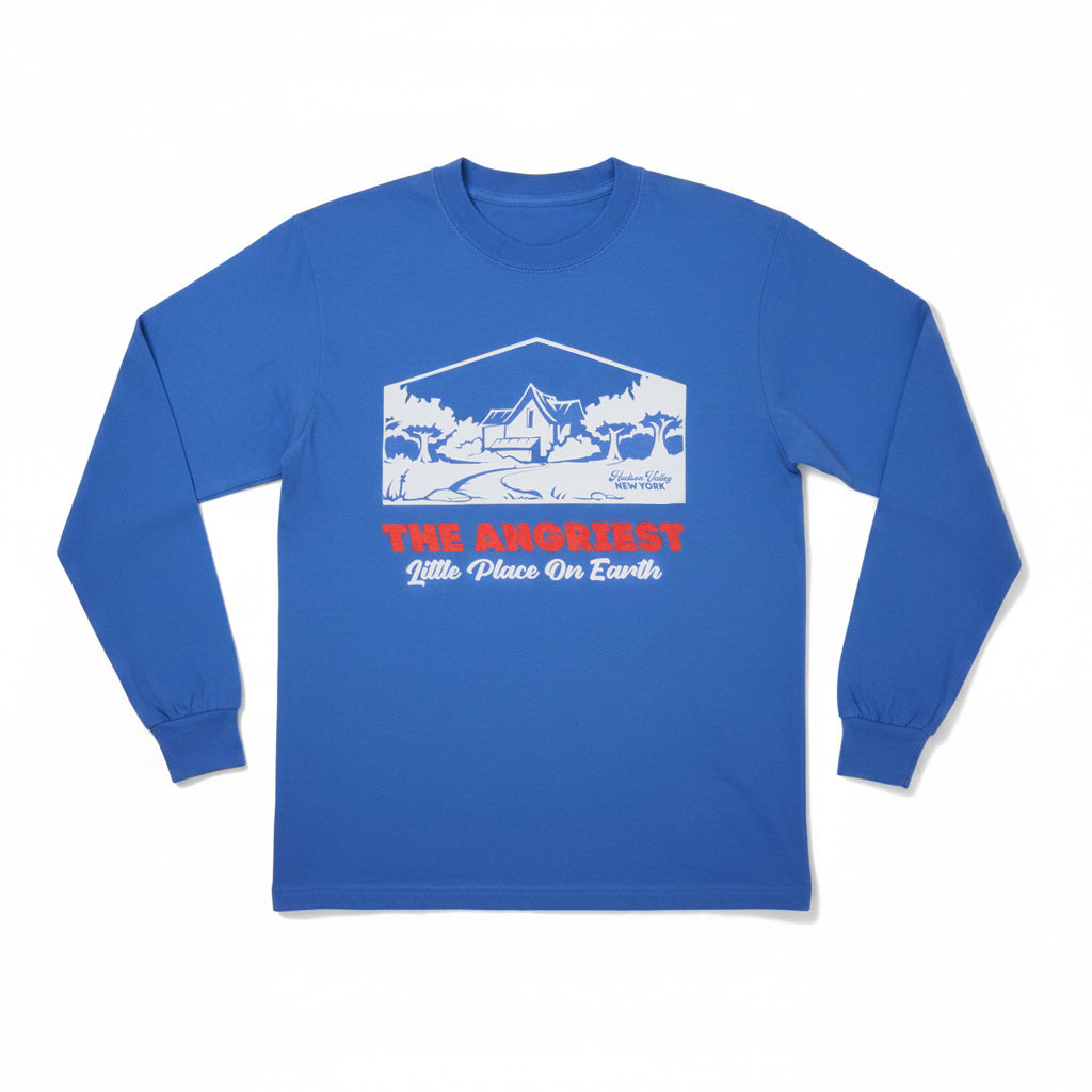 A blue long-sleeve t-shirt with a white graphic of a campsite scene and red and white text reading 'THE ANGRIEST Little Place On Earth', displayed on a clean white background.