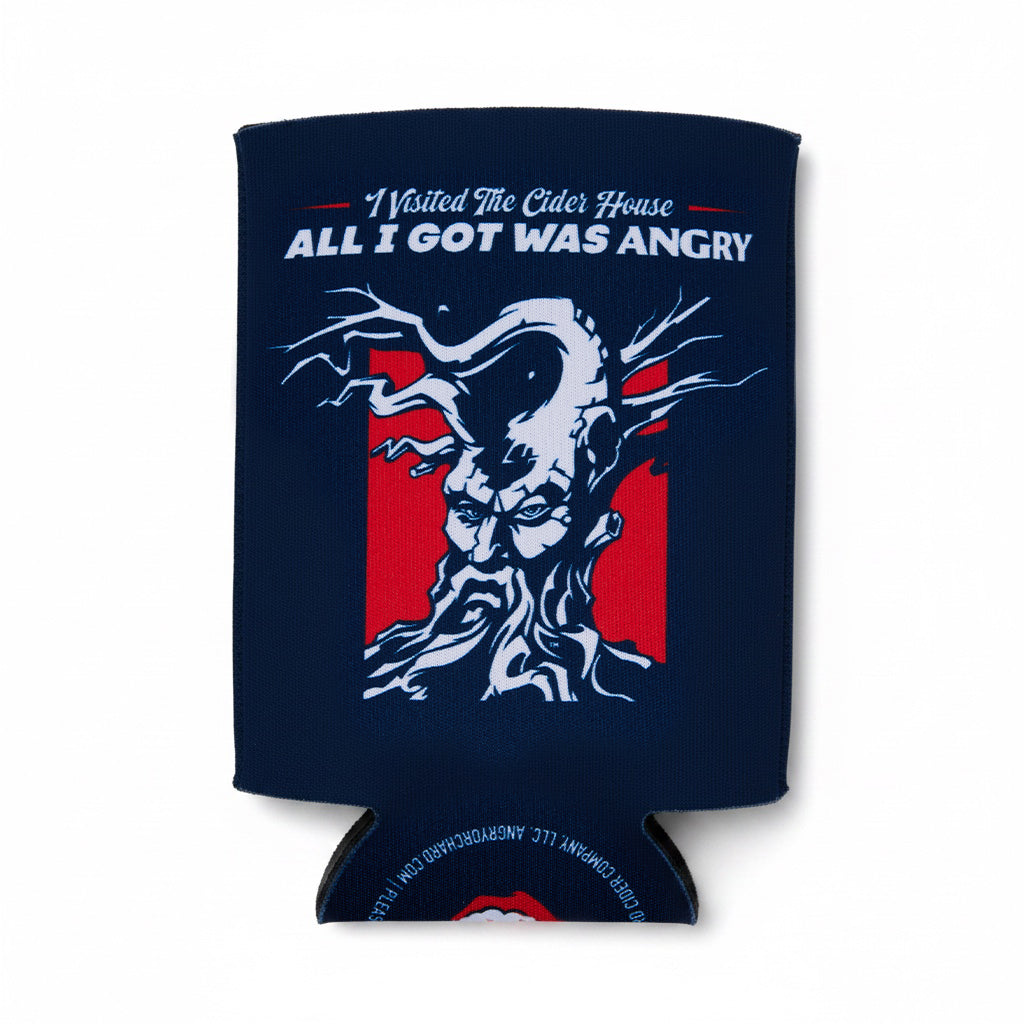 A navy blue neoprene can cooler sleeve featuring a white illustrated tree  and the text 'I Visited The Cider House ALL I GOT WAS ANGRY' on a white background.