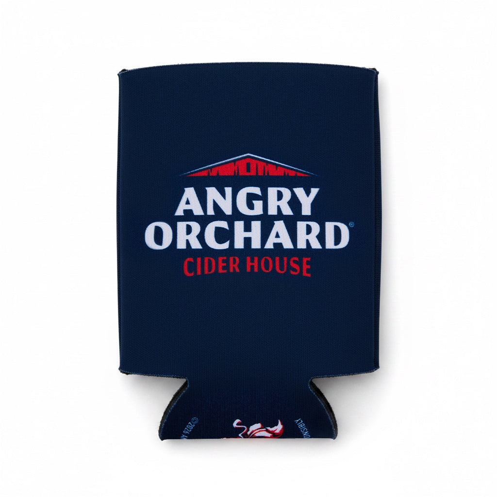A navy blue neoprene can cooler sleeve featuring the Angry Orchard Cider House logo in white and red, shown on a clean white background.