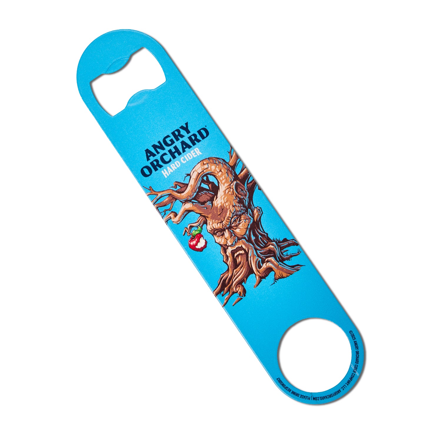 A bright blue bottle opener featuring a graphic of an angry tree trunk with the text 'ANGRY ORCHID HARD CIDER' and a small red apple, shown on a plain white background.