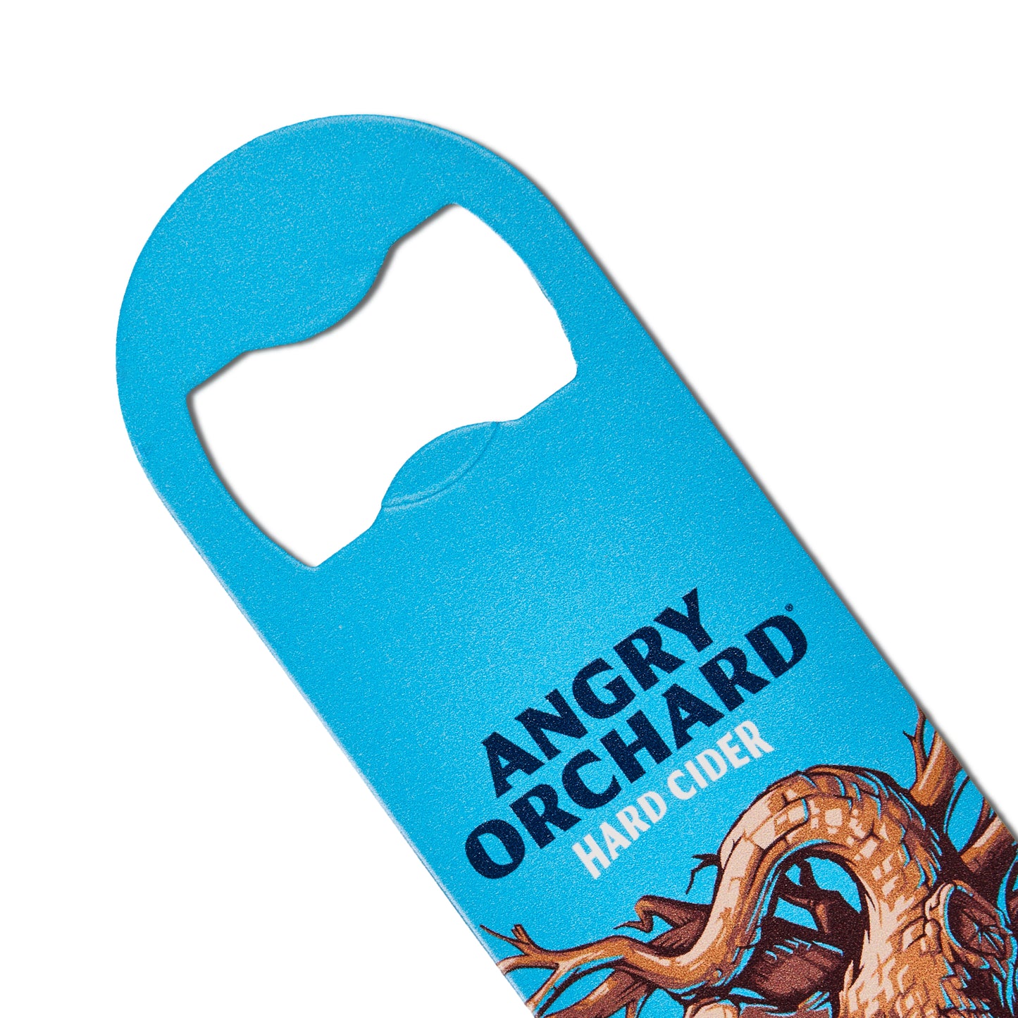 A bright blue Angry Orchard Hard Cider bottle opener featuring the brand logo and an illustration of a tree trunk, shown on a plain white background.