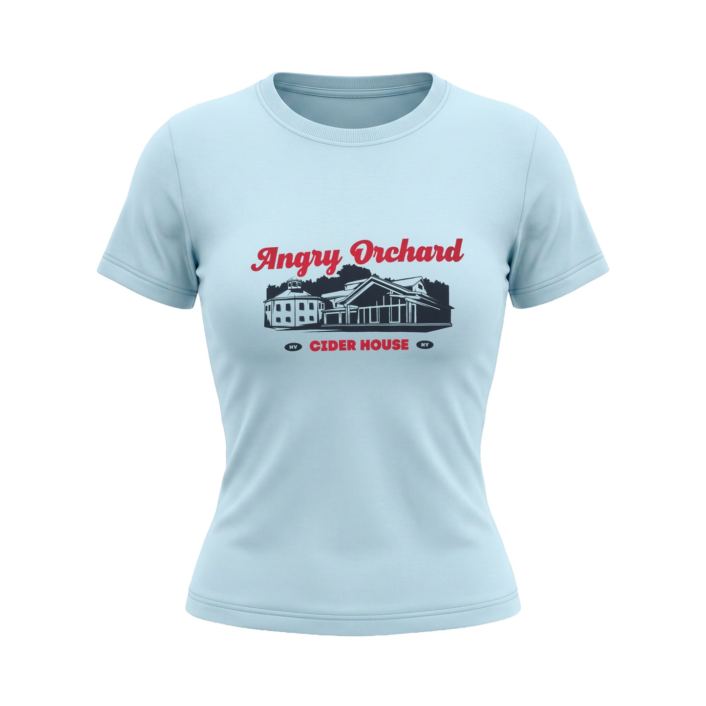 A light blue short-sleeve crewneck t-shirt with a graphic on the chest featuring the words 'Angry Orchard Cider House' in red and a black-and-white illustration of a cider house.
