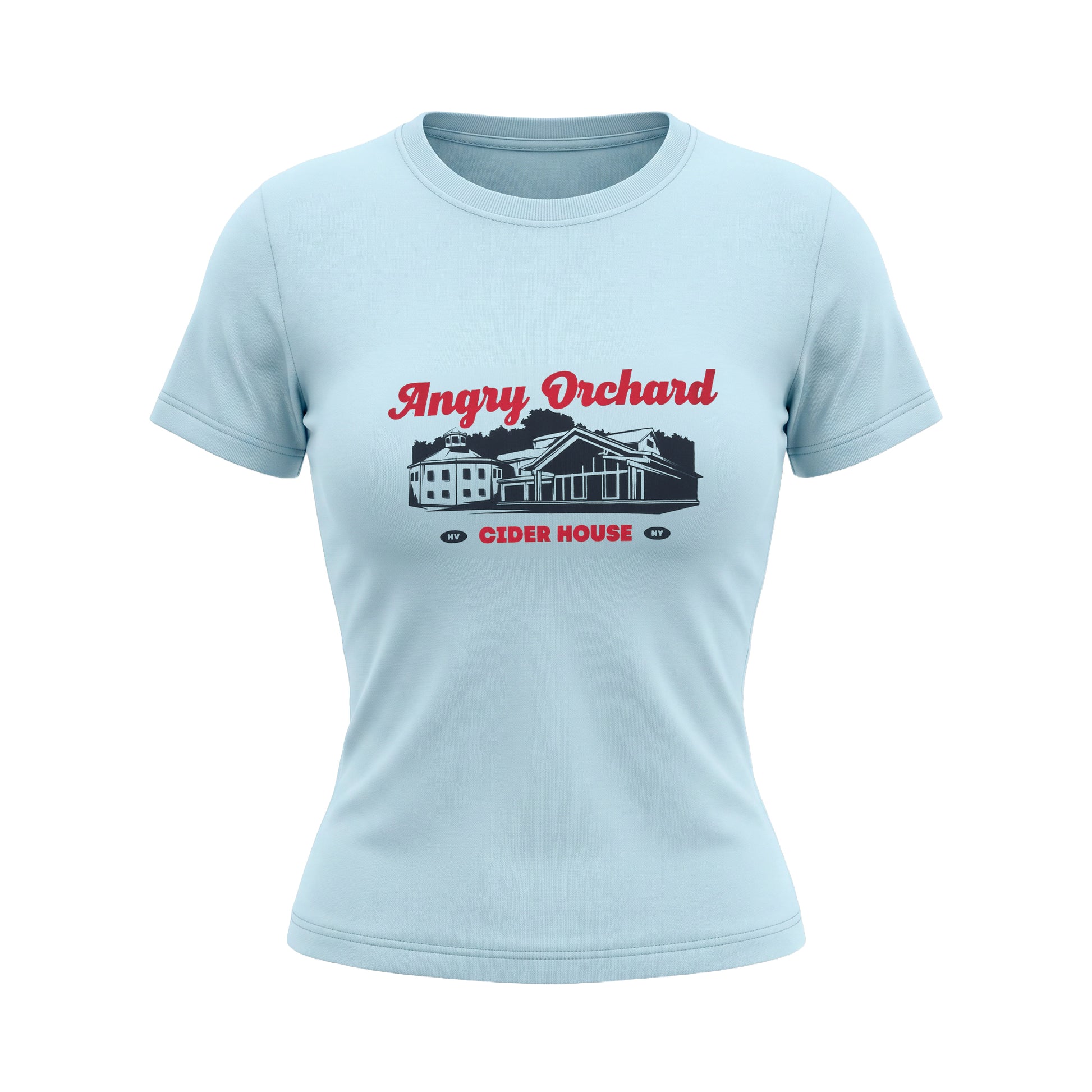A light blue short-sleeve crewneck t-shirt with a graphic on the chest featuring the words 'Angry Orchard Cider House' in red and a black-and-white illustration of a cider house.
