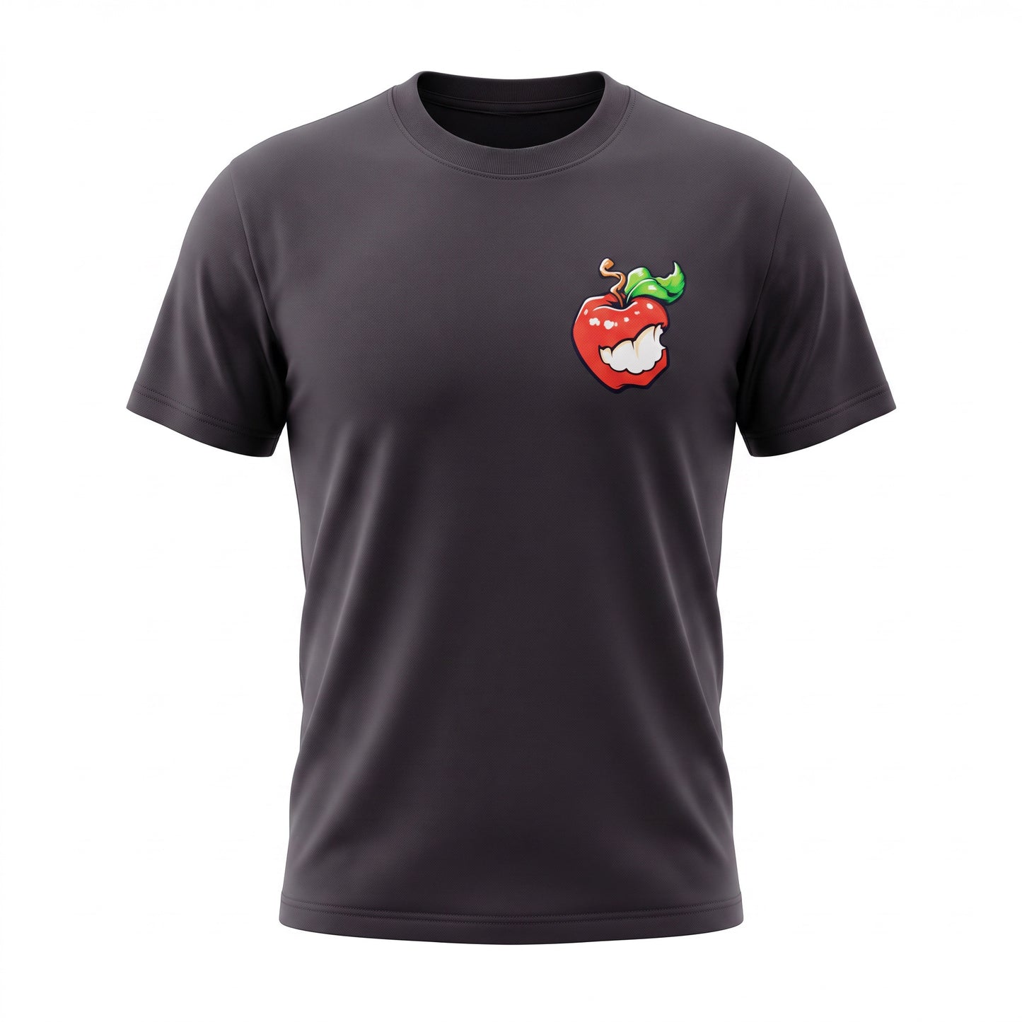 A dark charcoal gray short-sleeve crewneck t-shirt featuring a cartoon graphic of a red apple with a green leaf and white teeth on the left chest, displayed on a clean white background.