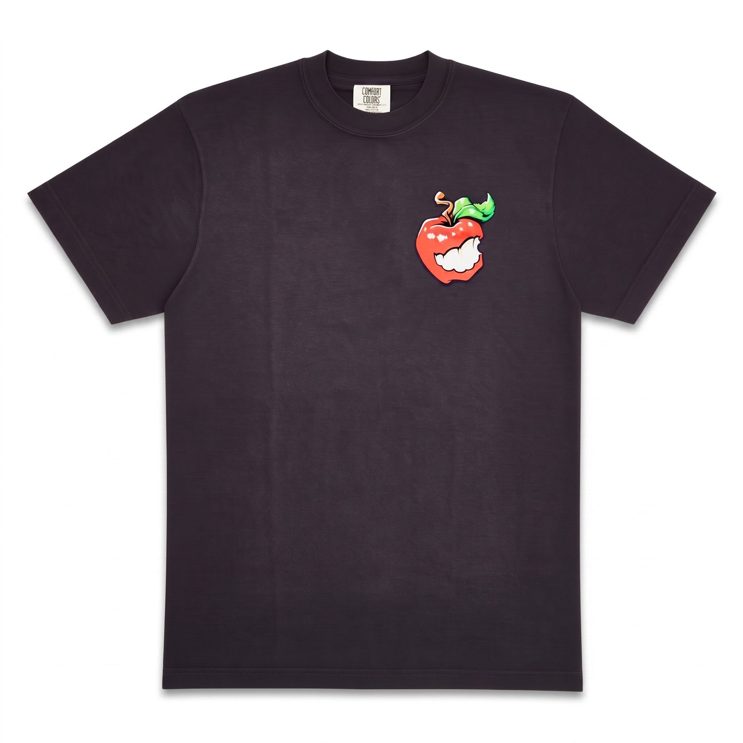 A dark charcoal gray crewneck t-shirt featuring a small graphic of a red apple with a green leaf and a white cartoon face on the left chest.