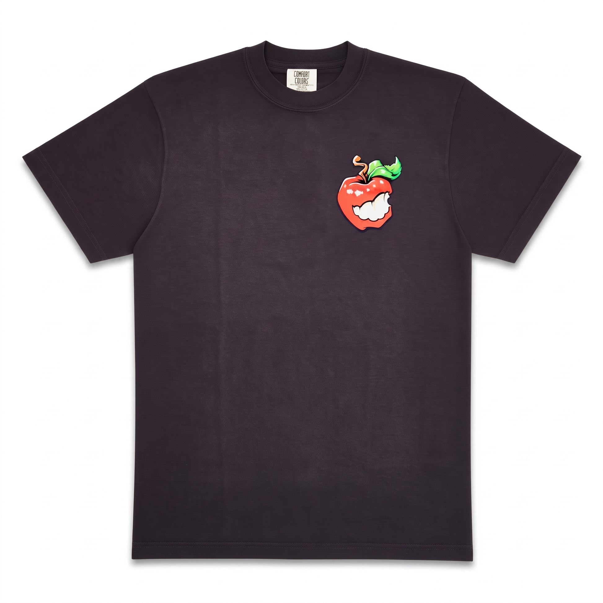 A dark charcoal gray crewneck t-shirt featuring a small graphic of a red apple with a green leaf and a white cartoon face on the left chest.
