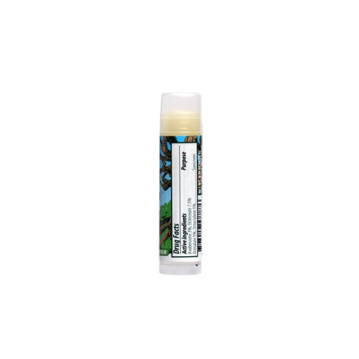 This image shows the back of the lip balm label which features the facts and ingredients.