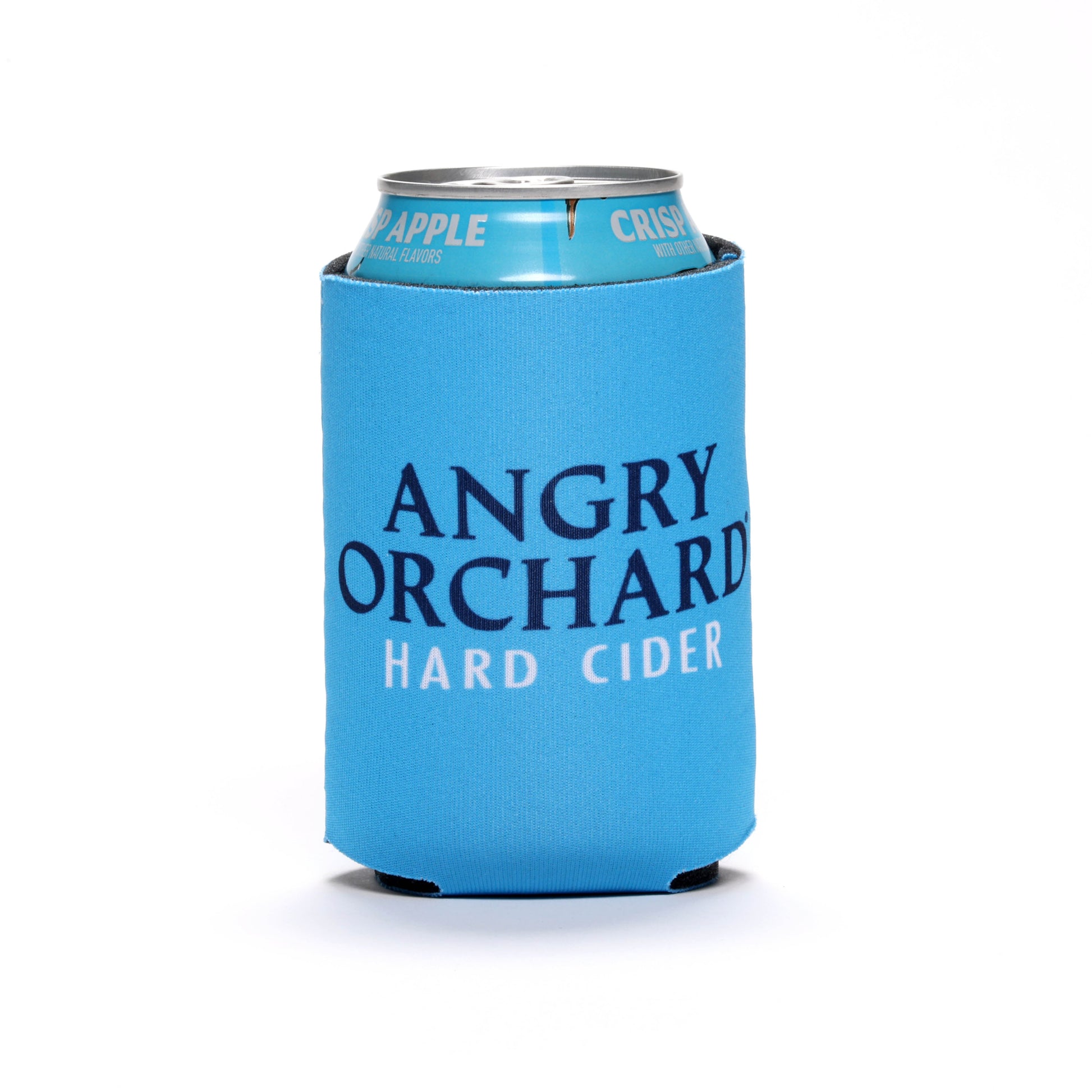 On one side of this can cooler is writing, "It's Just Condensation", "Don't Get Angry. Get Orchard." On the other side of the cooler is the writing, "Angry Orchard Hard Cider". And at the bottom of the cooler is the iconic Angry Orchard bitten red apple.