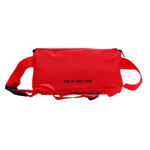 Back view of red Angry Orchard belt bag. Has writing "Fire up your cider".