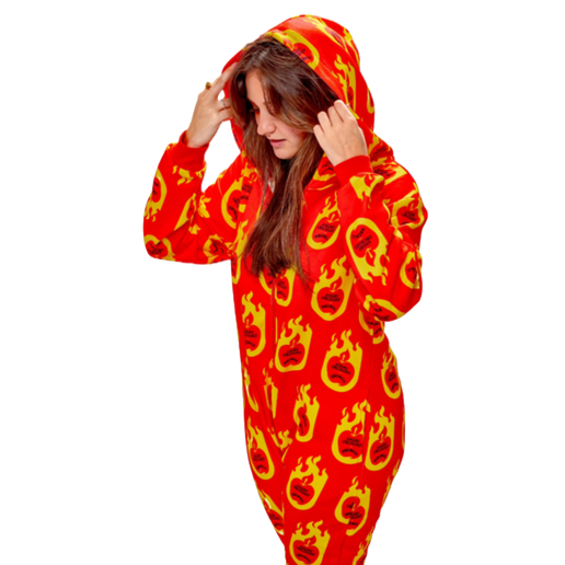 Person shown wearing a red fireball onesie. Covering the onesie is a yellow flame with red apple inside it, and writing "Angry Orchard" and "Fireball" inside apple.