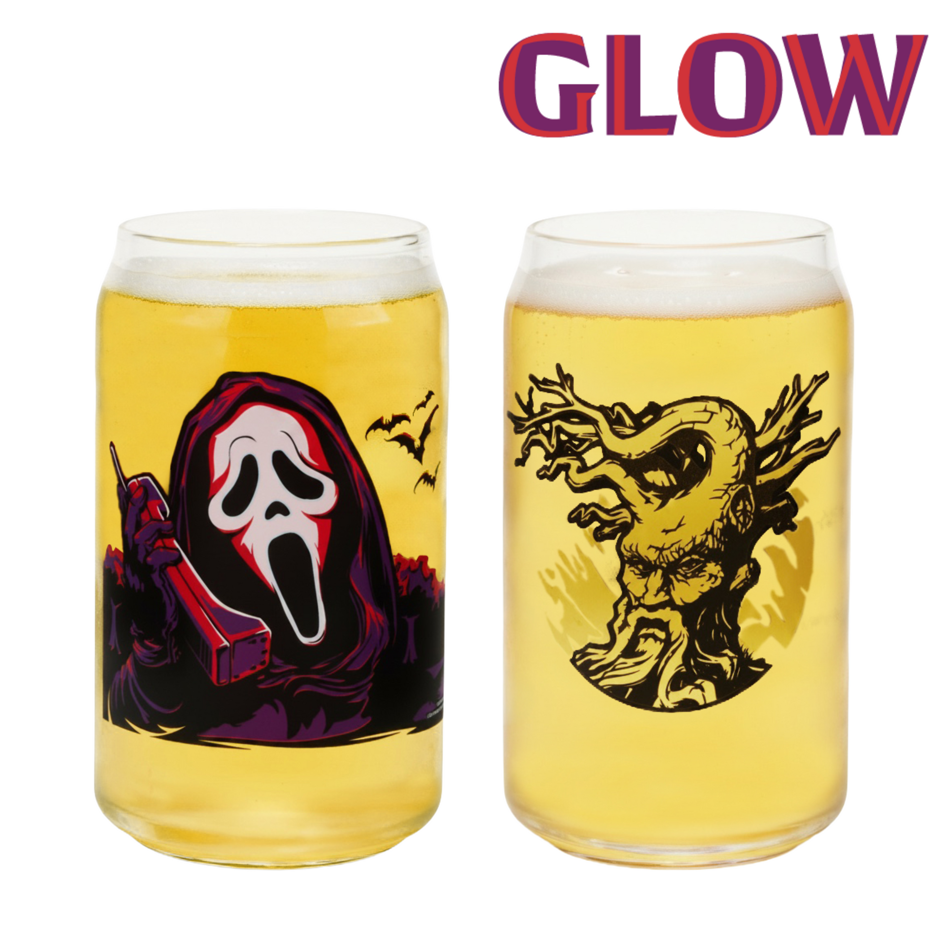 Two clear can-shaped drinking glasses filled with yellow liquid, shown on a white background. The left glass features a horror character graphic in black, white, red, and purple, and the right glass features a black tree-like monster graphic.